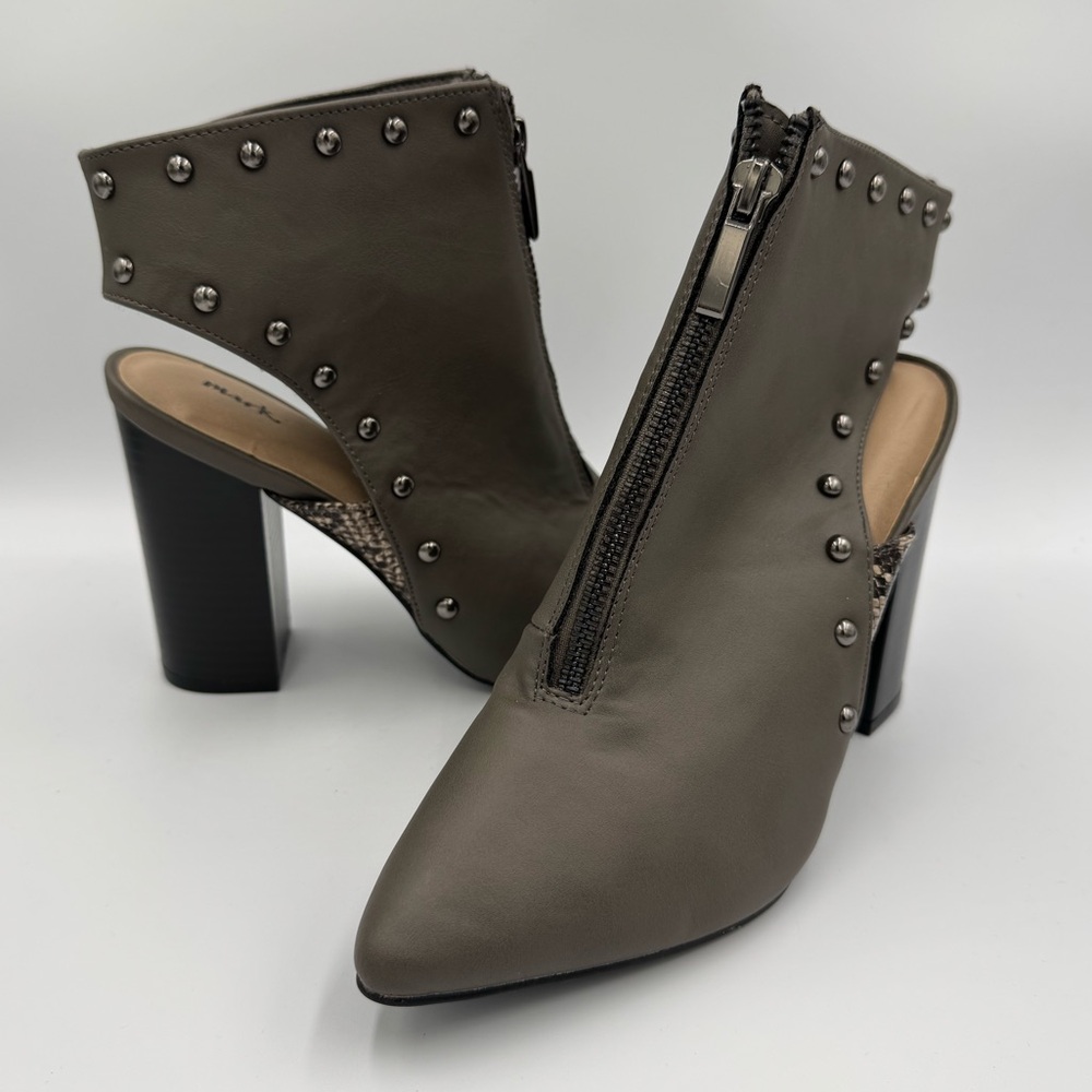 Mark Open Heel Booties gray upper stud accents zipper closure block heel Size 7